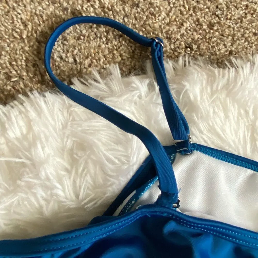 Patpat One Piece Swimsuit Blue‎ White Striped Ruffle Top Open Sides Womens Large